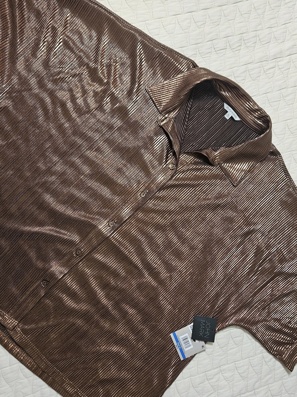 John Mark Metallic Copper Short Sleeve Button-Front Top